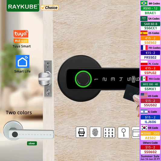 RAYKUBE M5 Tuya BLE Smart Fingerprint Door Lock Digital Electronic Lock with Password/Key/IC Card/ Smartlife/ Tuya APP Unlock