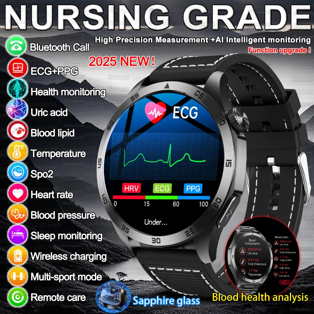 2025 New Nursing Grade Smart Watch ECG+PPG Blood Lipid Blood pressure Uric Acid HD Bluetooth Call Clock Health Smart Watch Men