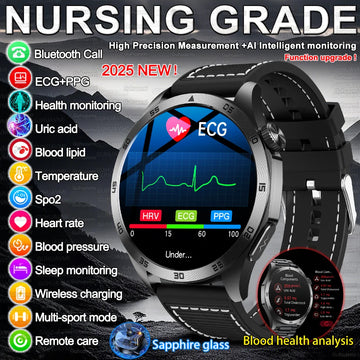 2025 New Nursing Grade Smart Watch ECG+PPG Blood Lipid Blood pressure Uric Acid HD Bluetooth Call Clock Health Smart Watch Men
