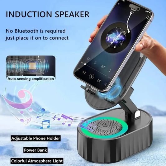 5 in1 Wireless Induction Bluetooth Speaker Phone Stand Cellphone Charger Power Bank Atmosphere Light Tablet Holder Bracket Black