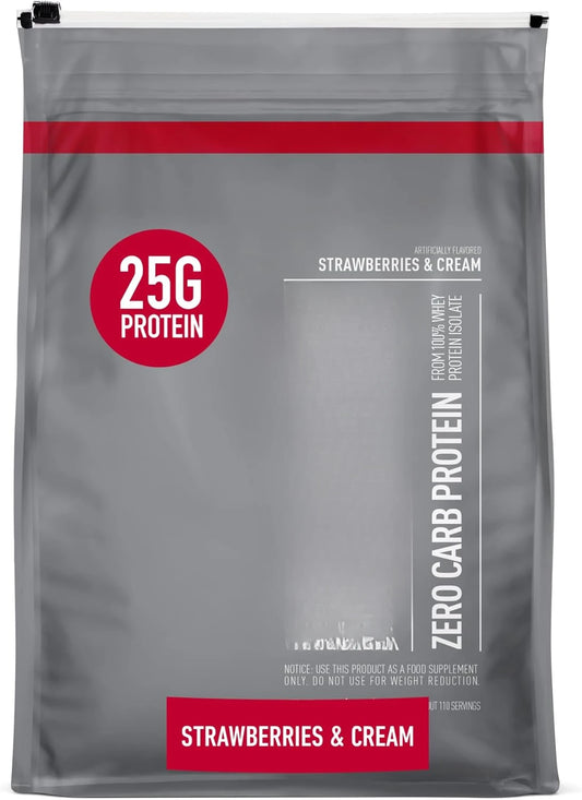 Zero Carb 100% Pure Whey Isolate Protein Powder, Lactose Free, Gluten Free, With Vitamins, Strawberries & Cream