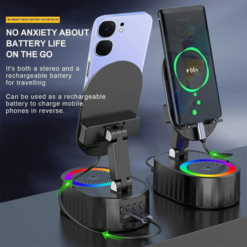 5 in1 Wireless Induction Bluetooth Speaker Phone Stand Cellphone Charger Power Bank Atmosphere Light Tablet Holder Bracket Black